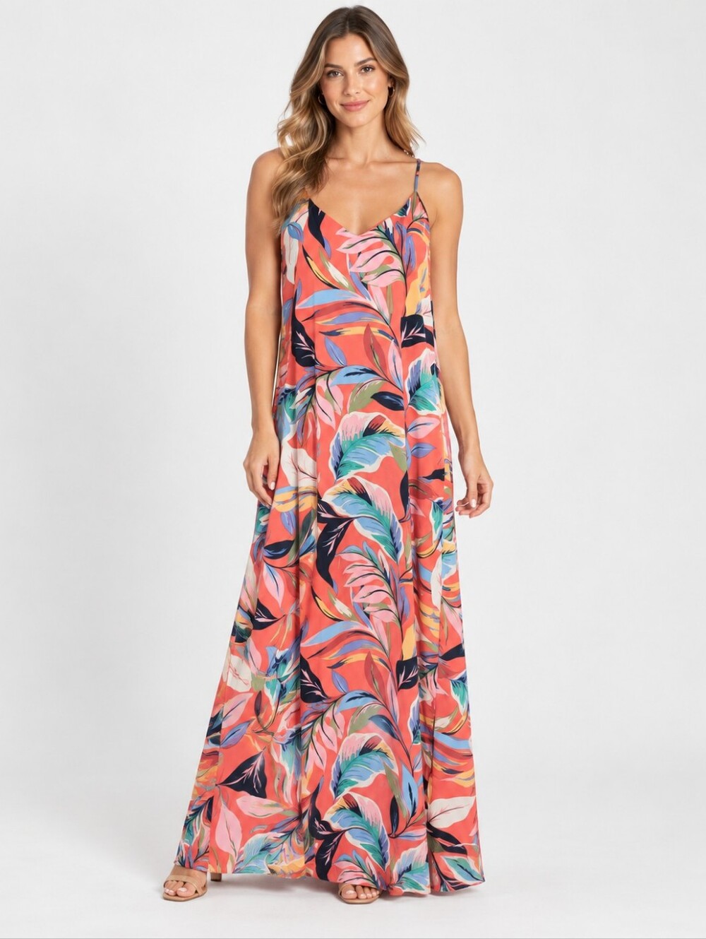 Nicole Miller Satin Multicolor Floral Pockets Straps Beach Maxi Dress Sz Large